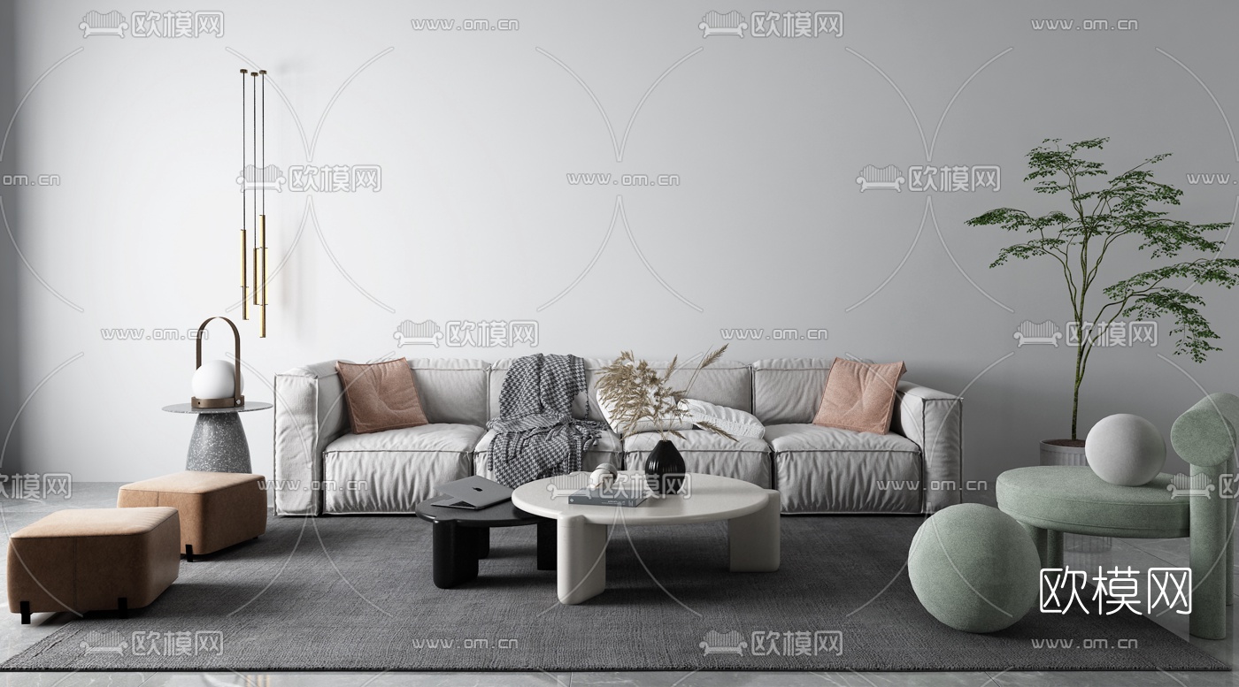 现代布艺沙发茶几组合3d模型