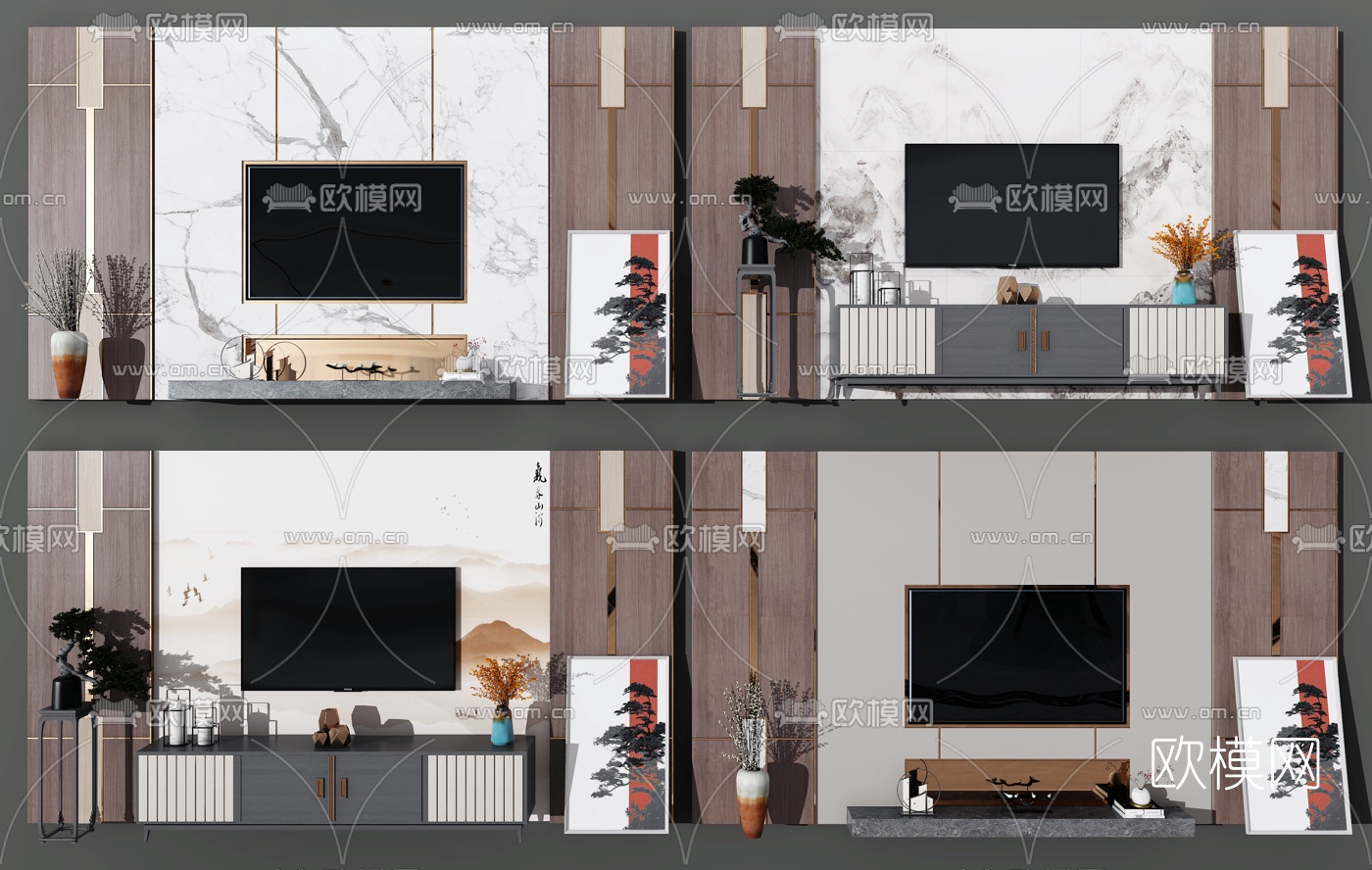 新中式电视柜背景墙3d模型