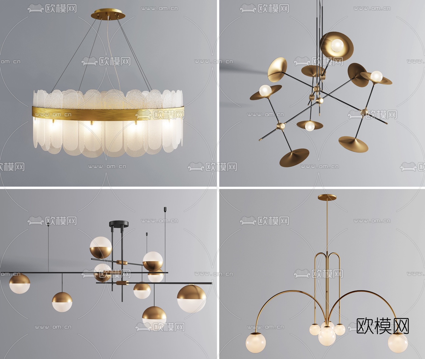 现代金属多头水晶吊灯组合3d模型下载