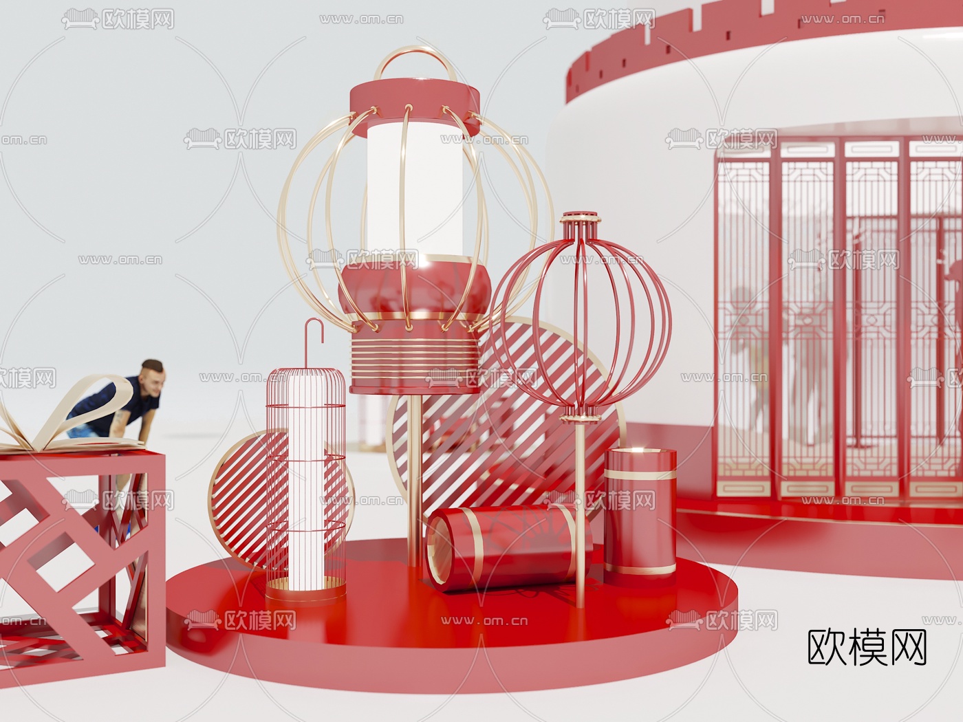 新中式灯笼新春美陈3d模型下载（渲染图2）