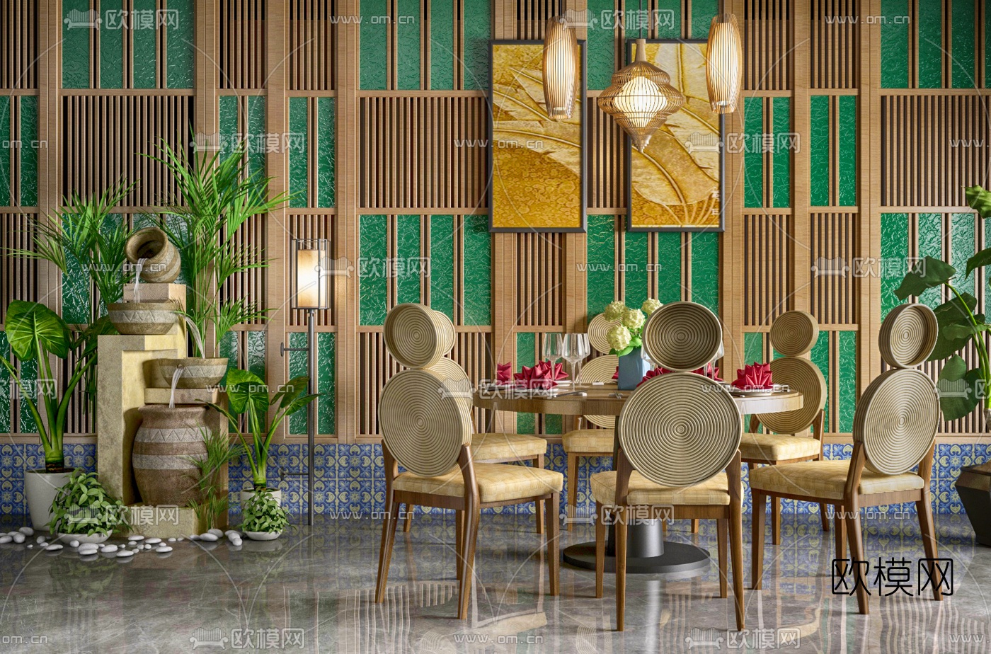 东南亚圆形餐桌椅3d模型下载