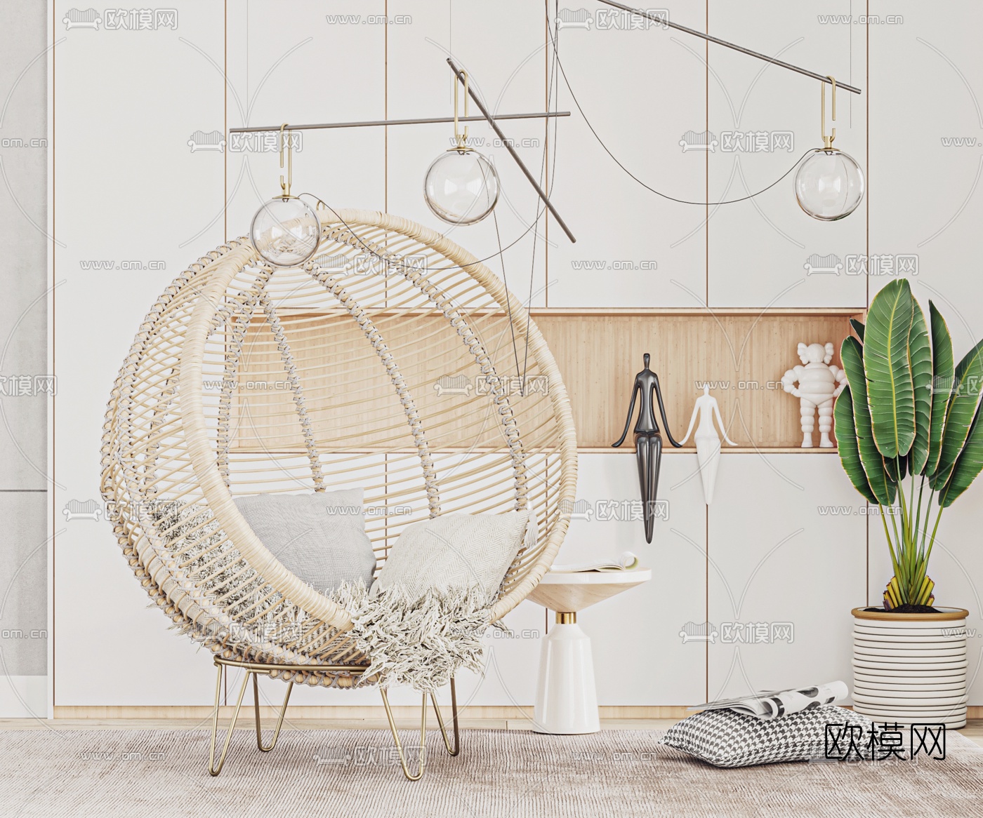 现代藤编户外休闲椅3d模型下载（渲染图1）