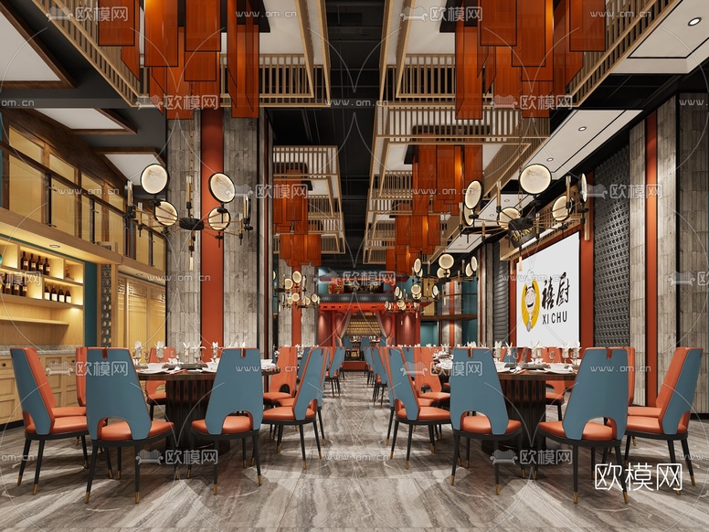 新中式酒店宴会厅3d模型下载