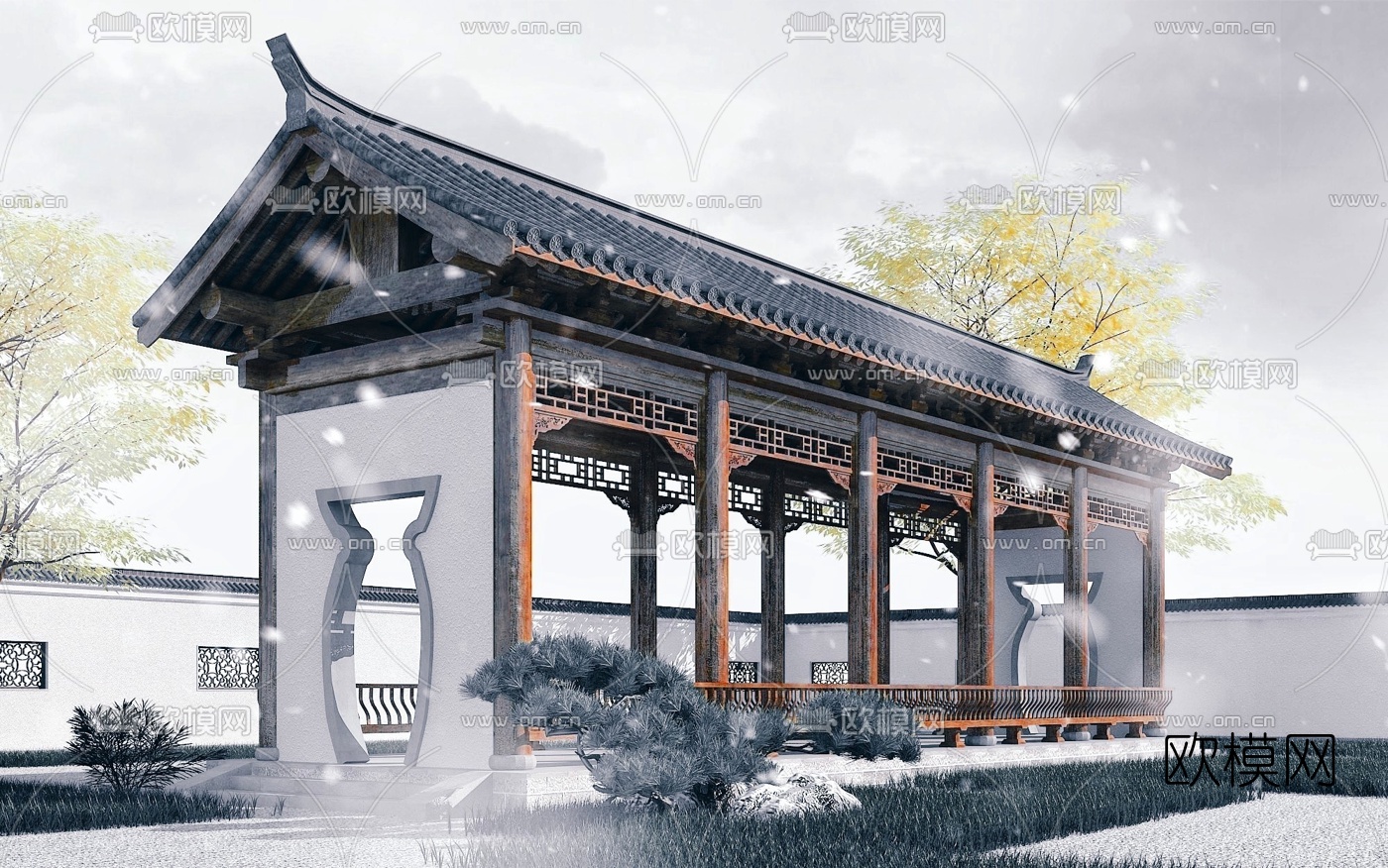 中式古建长廊3d模型下载