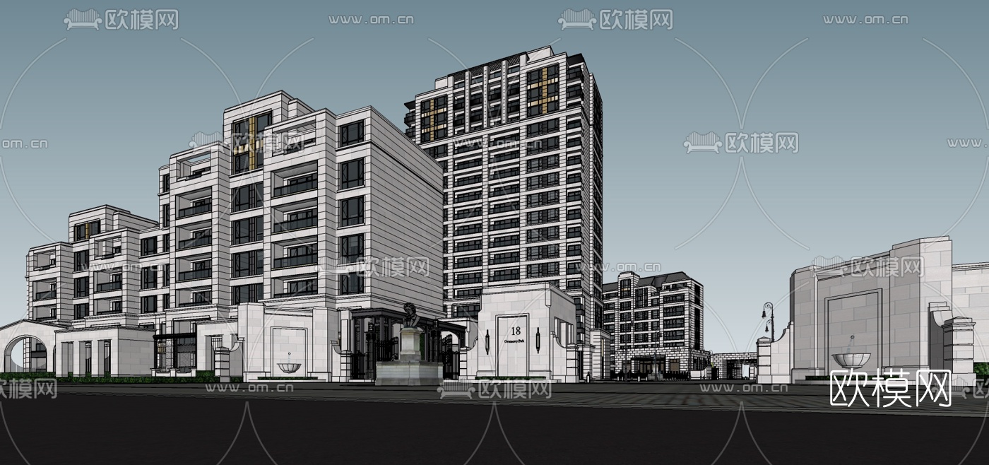 新古典高层公寓楼su模型下载（渲染图4）