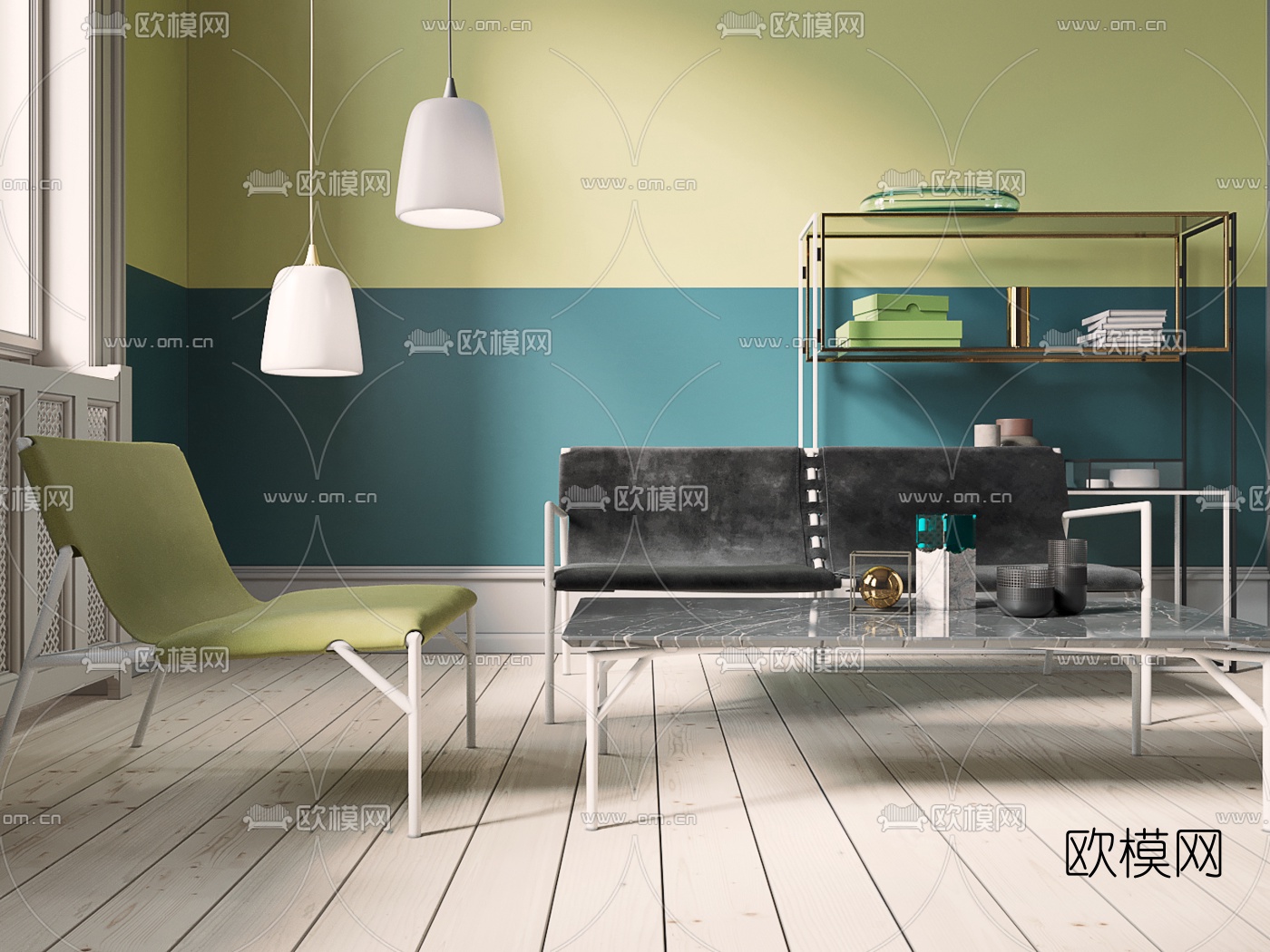 北欧极简绒布沙发组合3d模型下载（渲染图2）