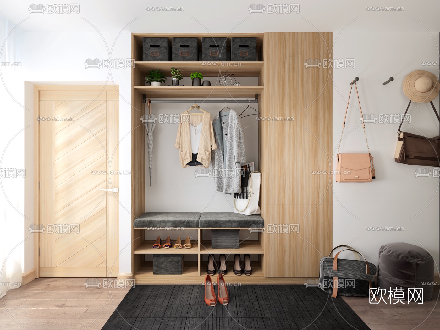 北欧玄关鞋柜3d模型下载（渲染图3）