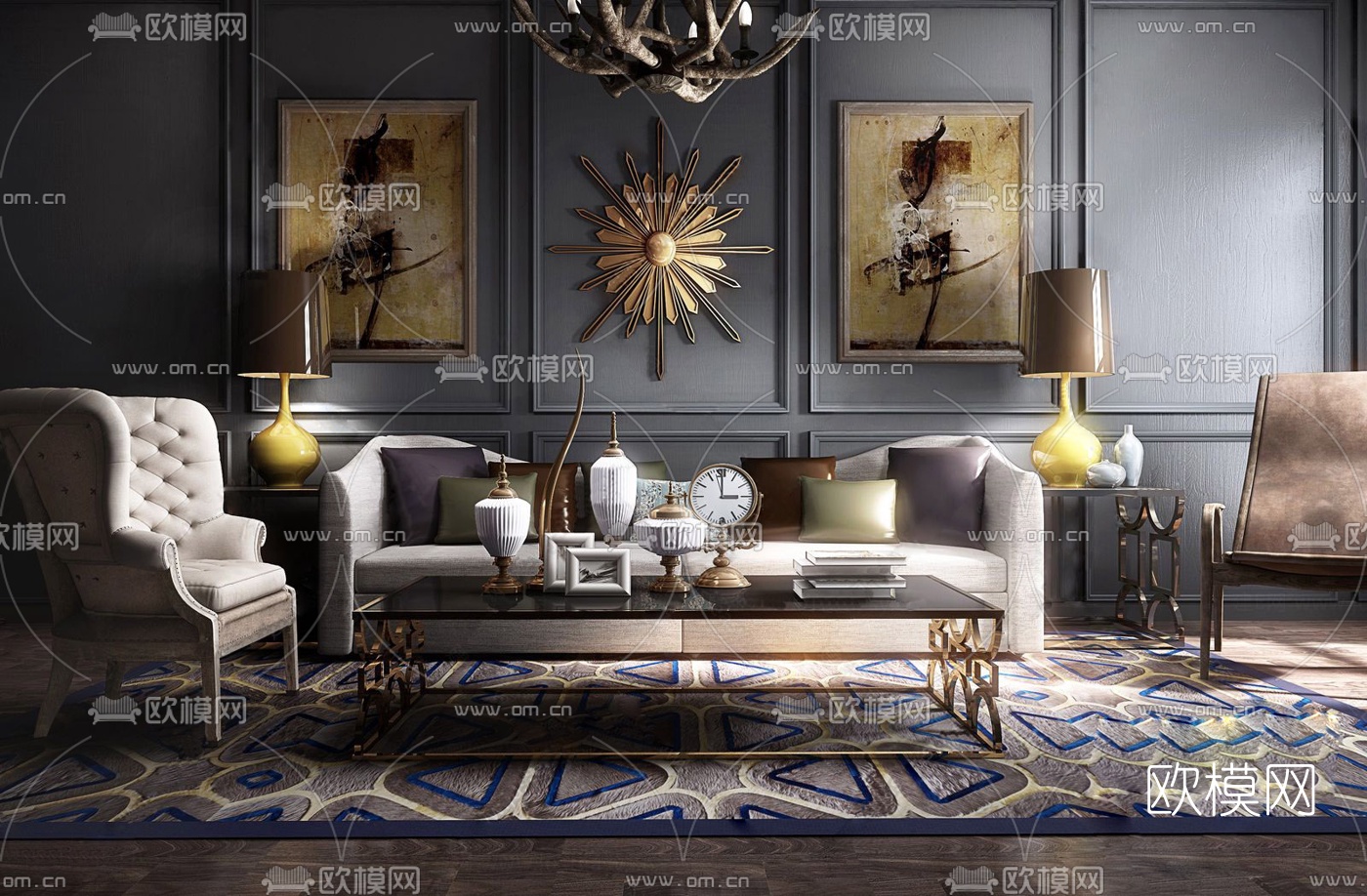 简美布艺沙发组合3d模型