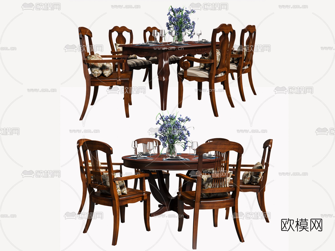 美式木质餐桌椅3d模型下载（渲染图1）