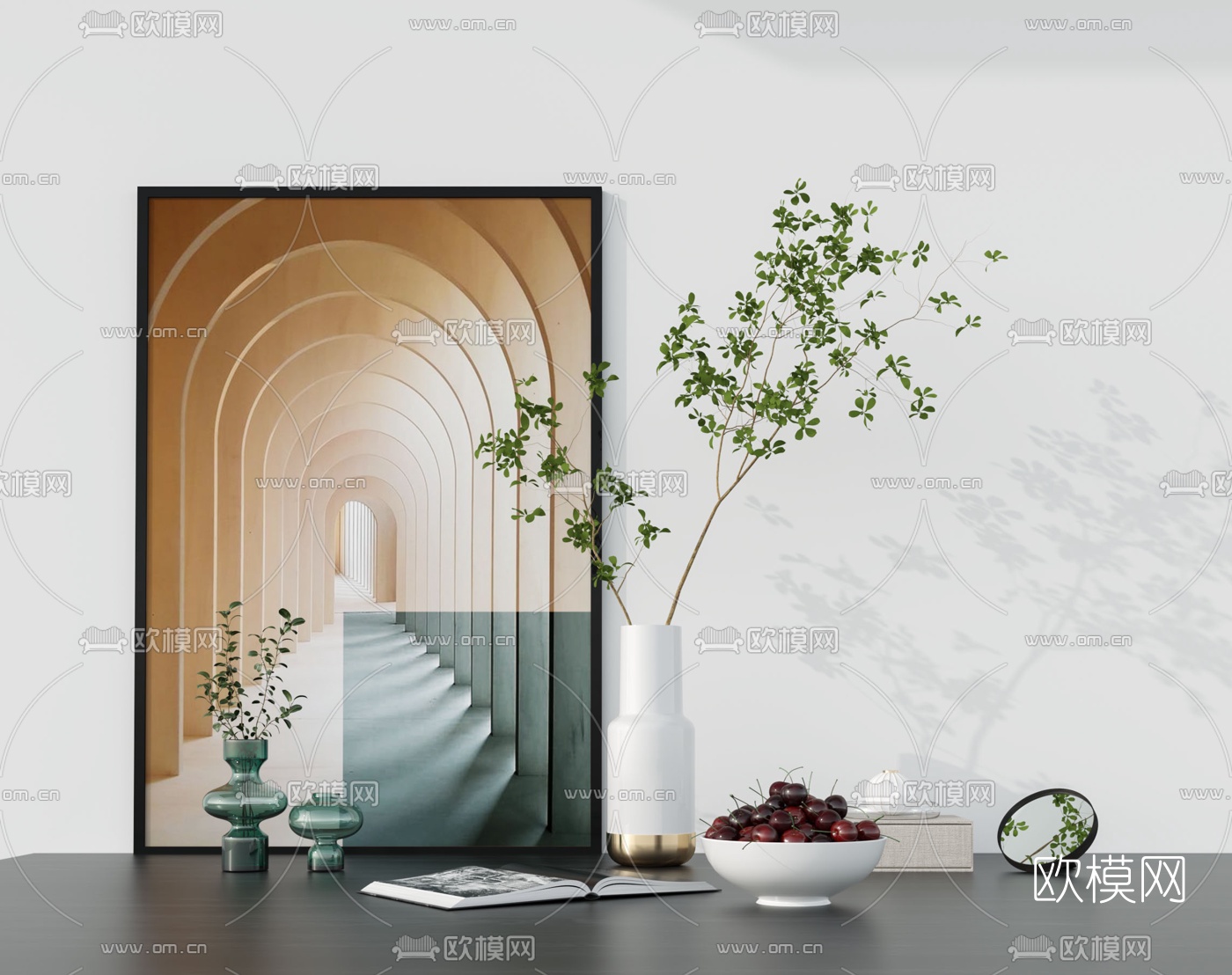 现代绿植花瓶车厘子果盘摆件3d模型下载