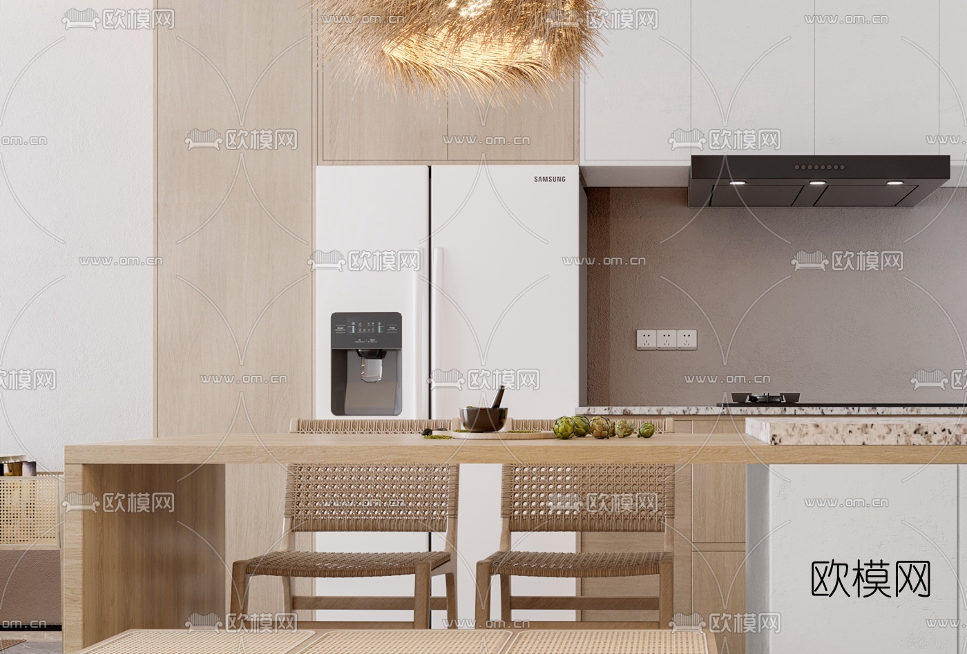北欧厨房中岛柜餐桌椅3d模型下载（渲染图2）