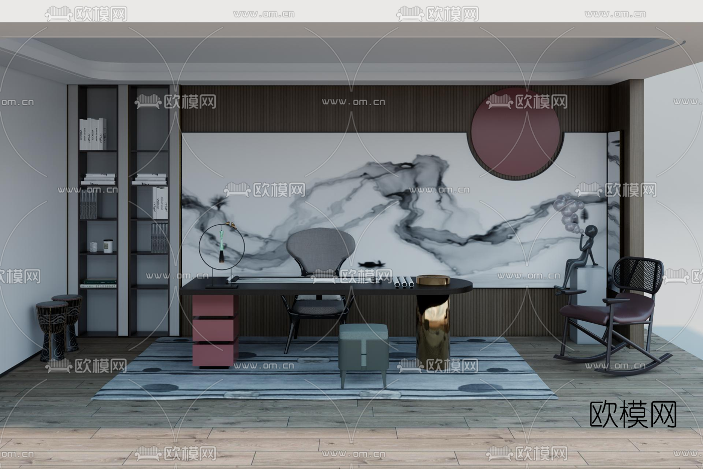 新中式书房su模型下载（渲染图1）