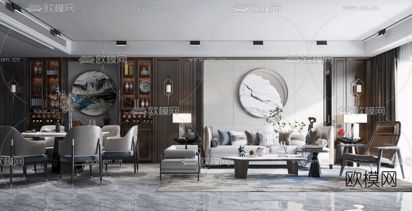 新中式布艺沙发组合3d模型下载