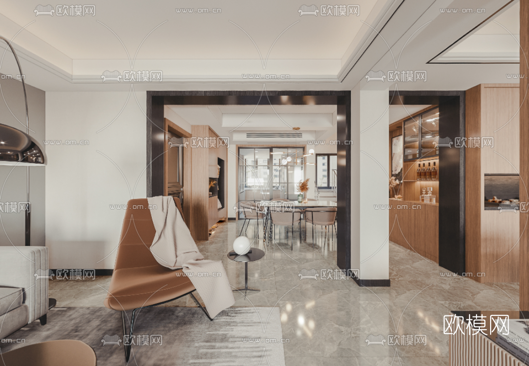 现代客厅餐厅cr全景3d模型
