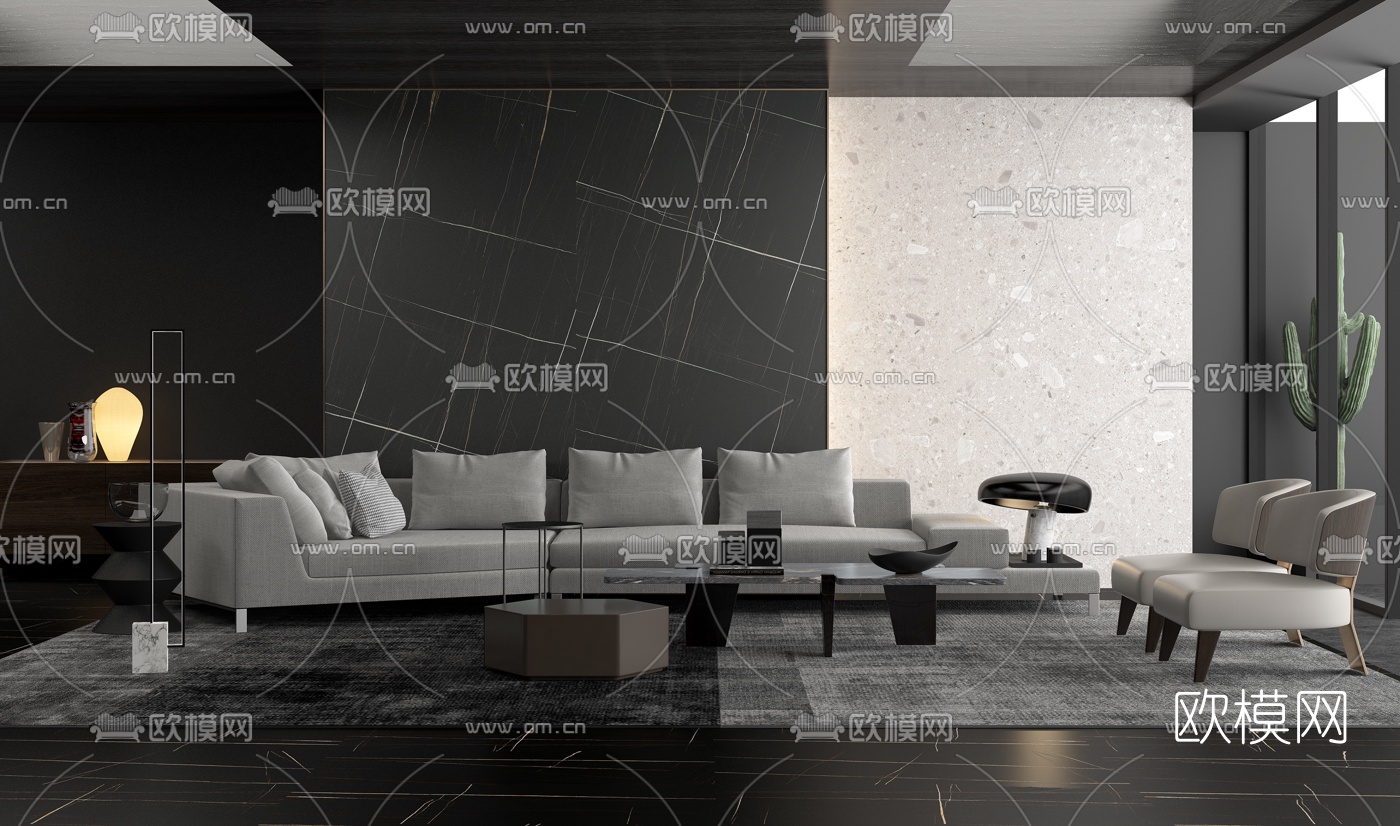 现代高级灰布艺沙发组合3d模型下载