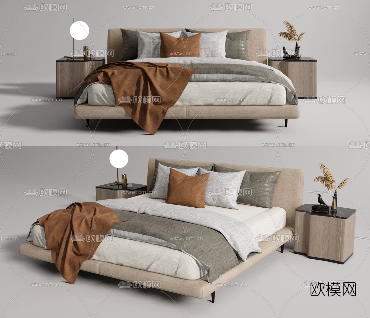 现代布艺双人床su模型下载（渲染图1）