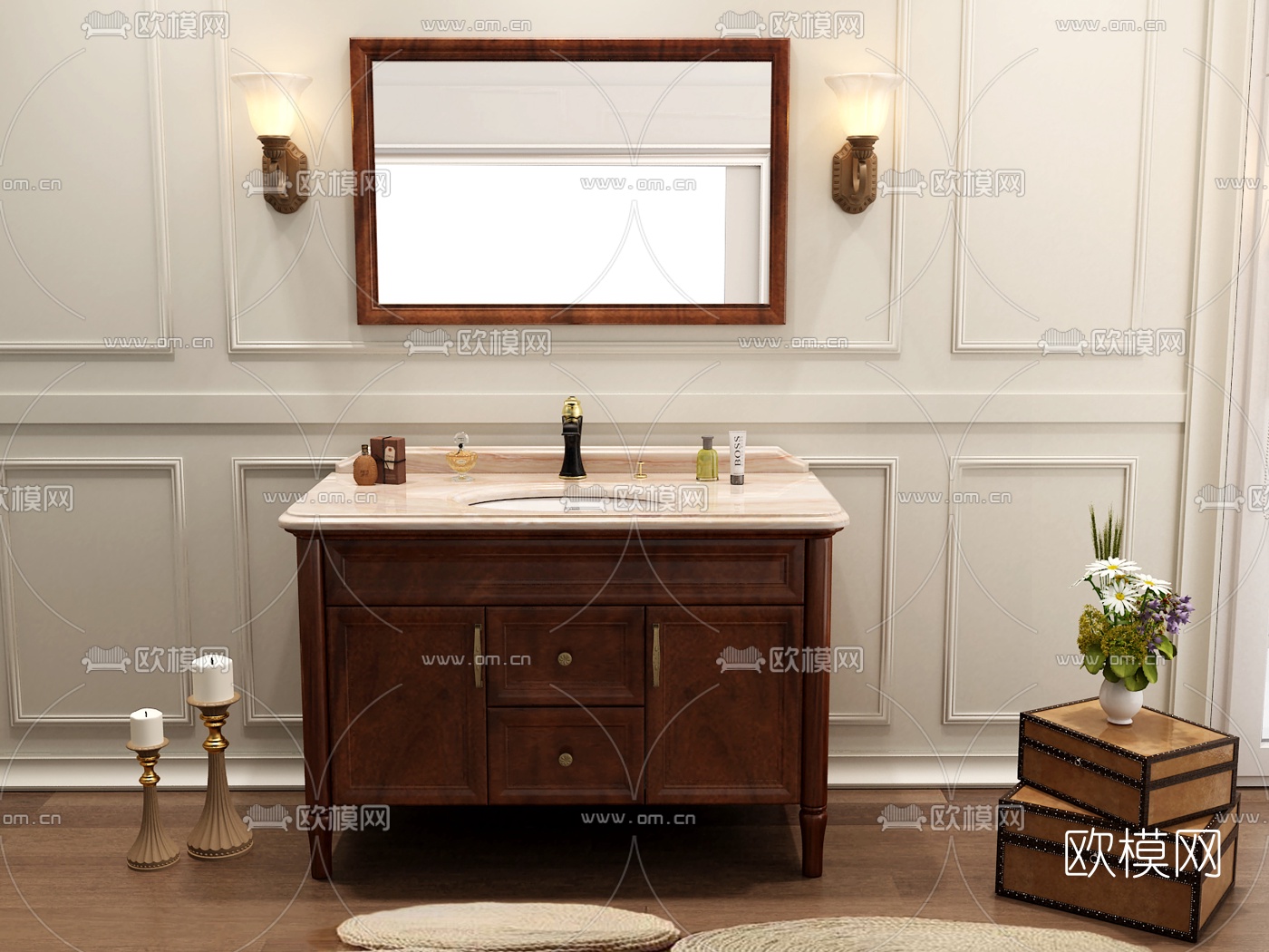 美式浴室柜洗手盆免费3d模型下载（渲染图1）