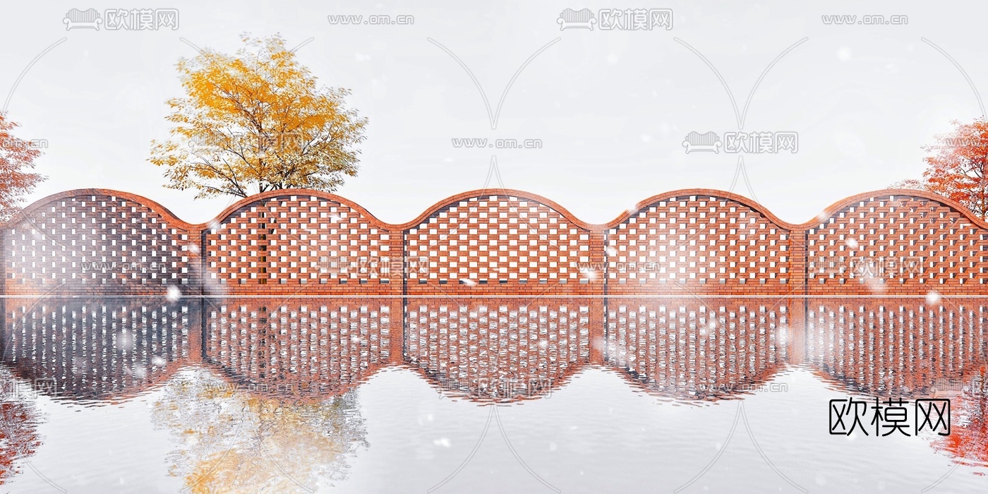 新中式护栏湖泊景观3d模型下载