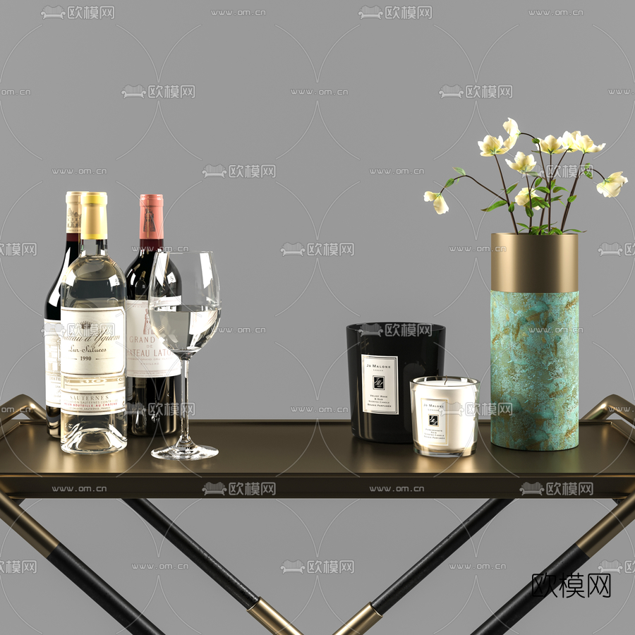 现代红酒高脚杯组合3d模型下载（渲染图2）