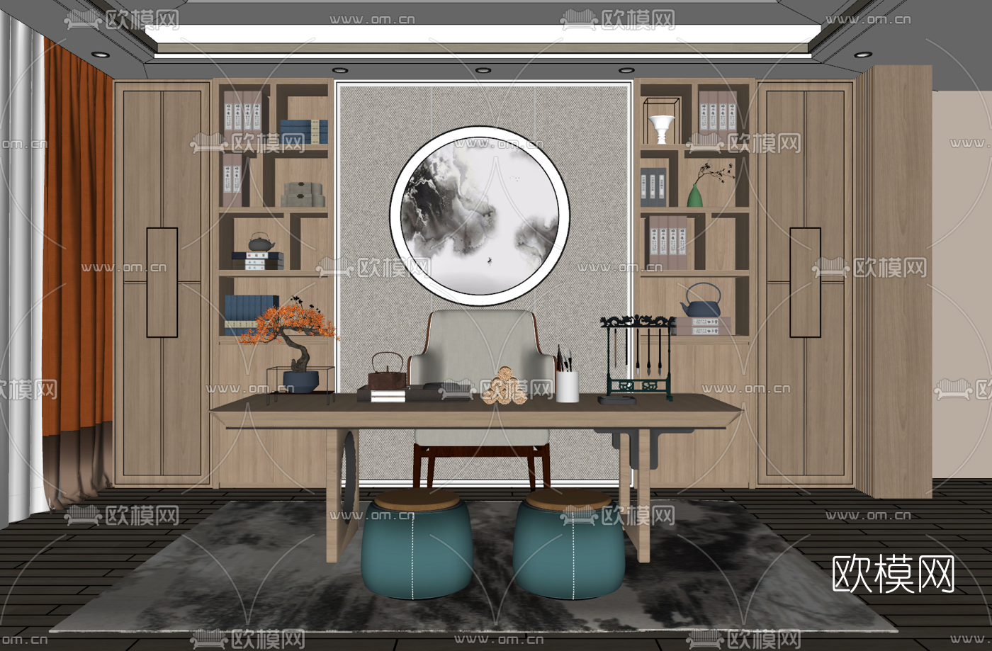 新中式书房su模型下载（渲染图1）