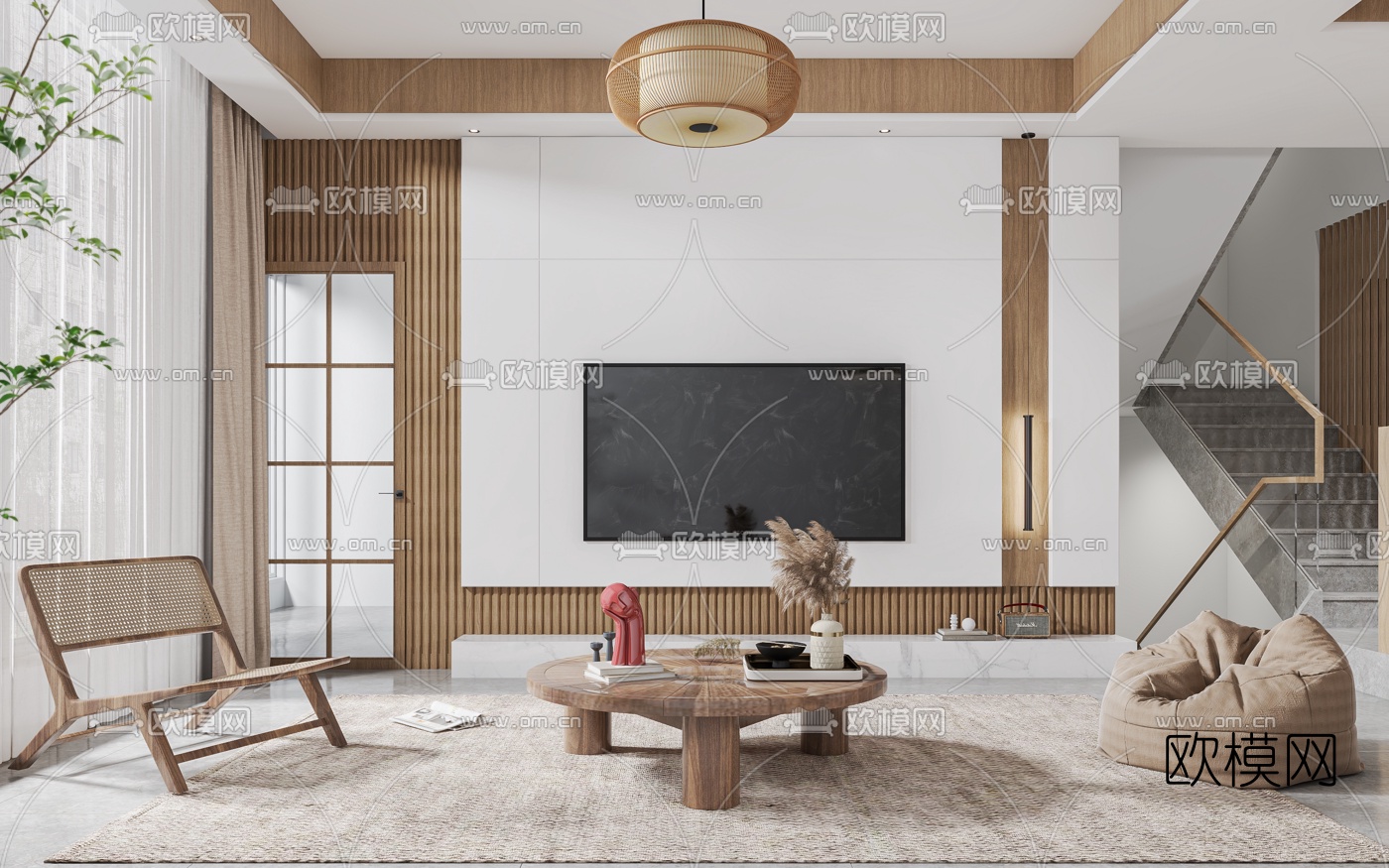 日式客厅餐厅3d模型下载（渲染图2）