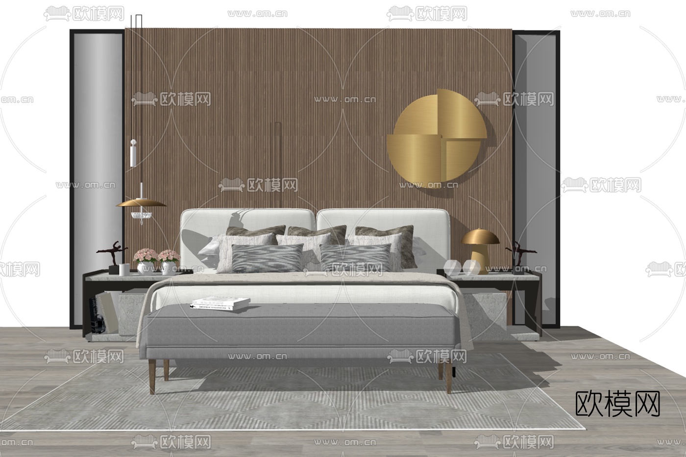 现代布艺双人床su模型下载