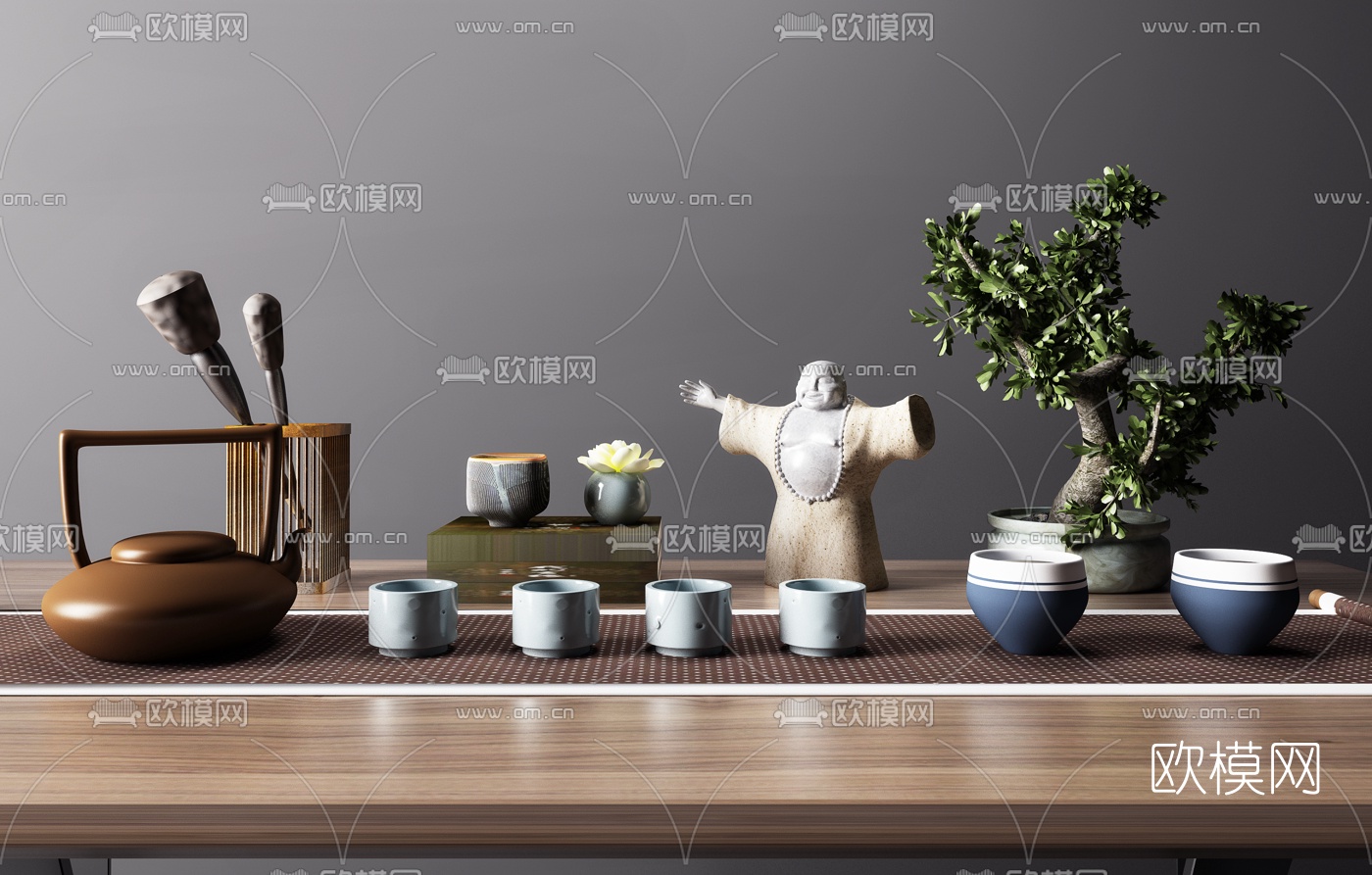 新中式茶具摆件组合3d模型下载