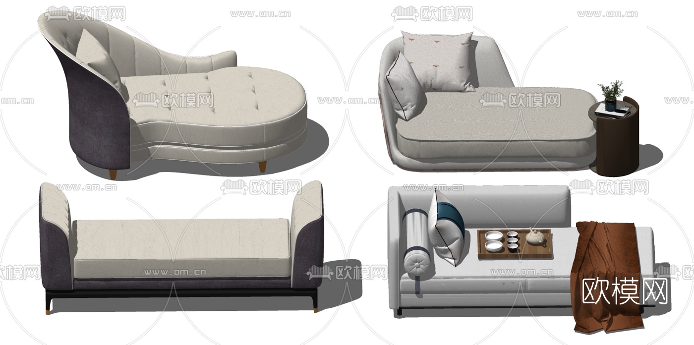 新中式皮革贵妃椅su模型下载