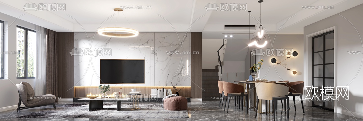现代轻奢客厅餐厅3d模型