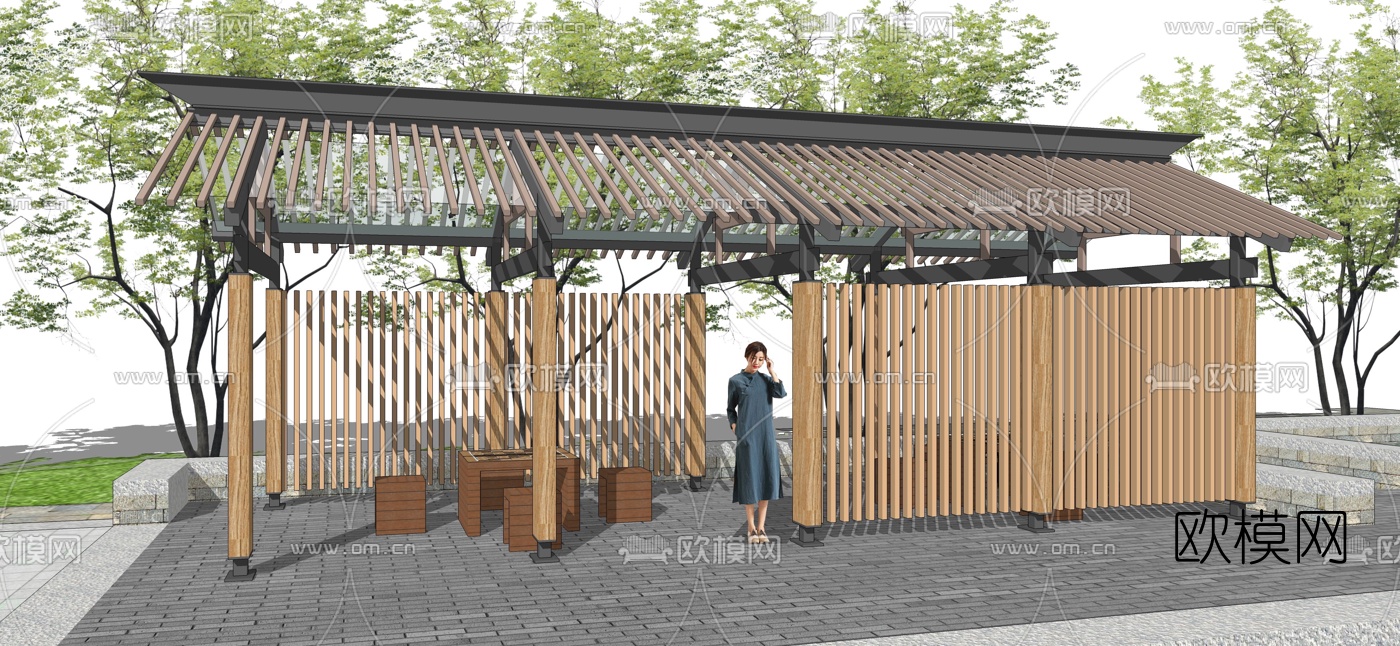 新中式田园景观休闲廊架公园驿站su模型