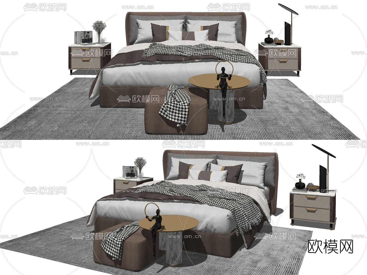 现代布艺双人床su模型下载（渲染图2）