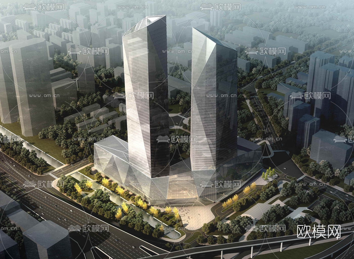 现代高层写字楼外观鸟瞰3d模型下载（渲染图1）