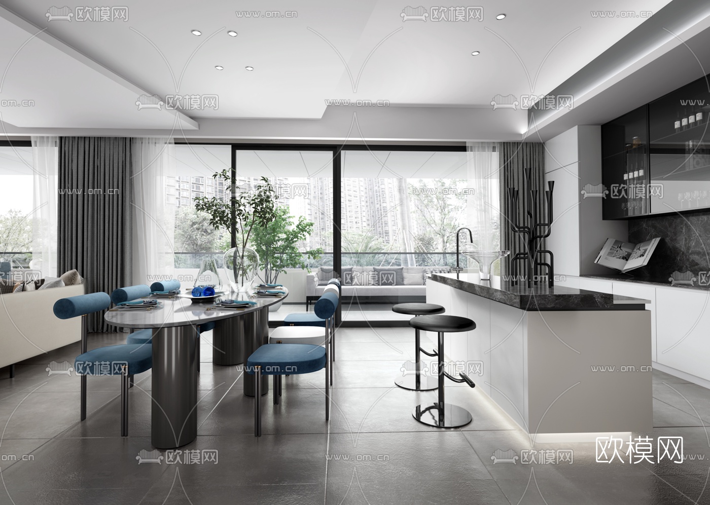九度设计 现代客厅餐厅3d模型