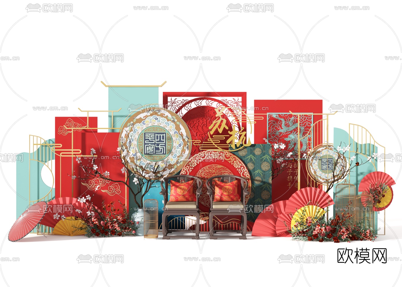 新中式婚庆婚礼新年美陈3d模型