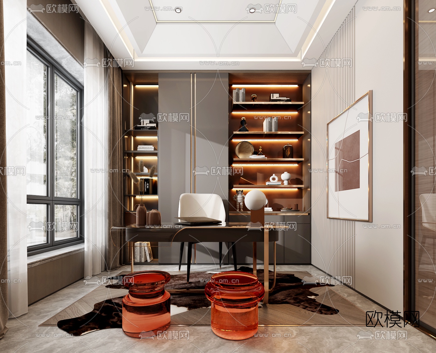 现代轻奢书房3d模型下载