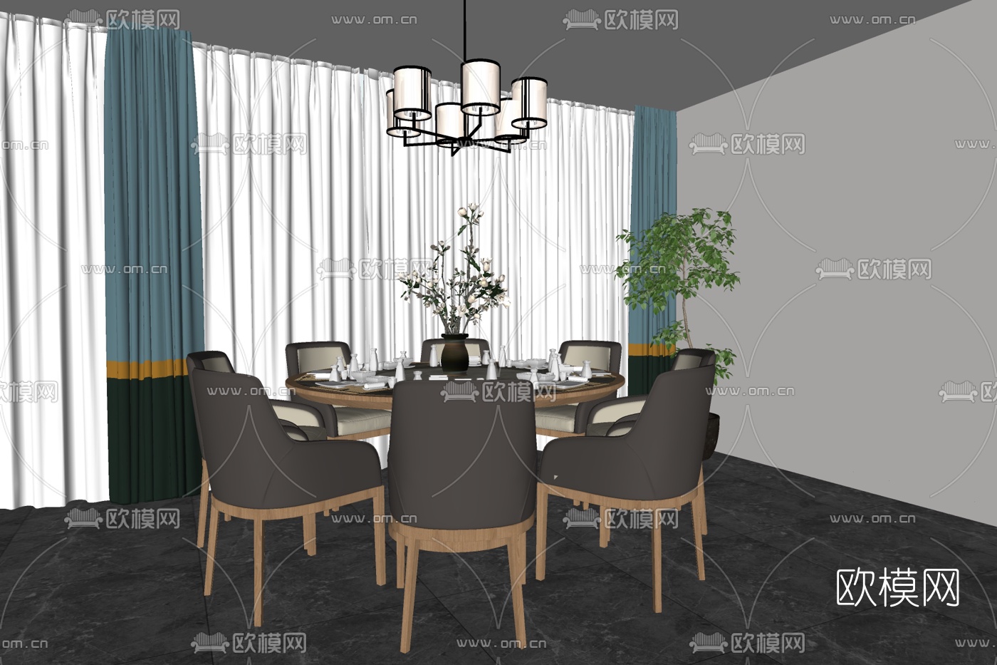 新中式圆形餐桌椅su模型