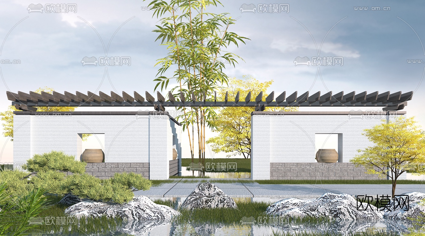 新中式园林景观廊架3d模型下载