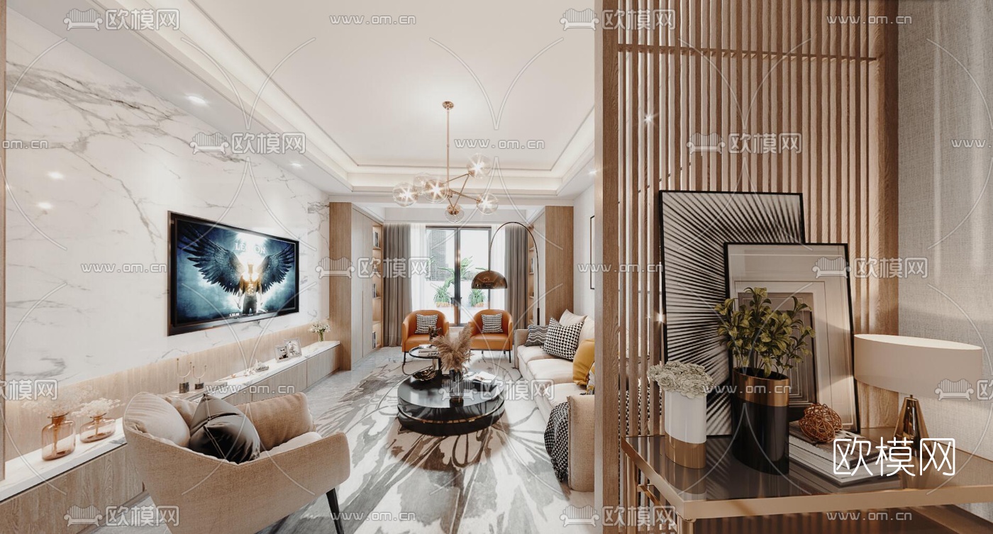 现代轻奢客厅餐厅cr全景3d模型