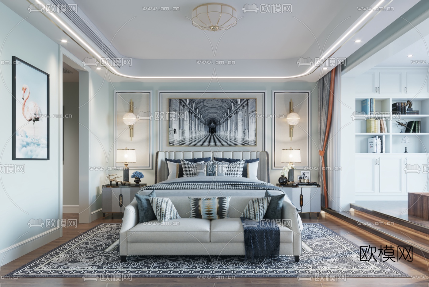 简欧简约主人房卧室3d模型下载（渲染图1）
