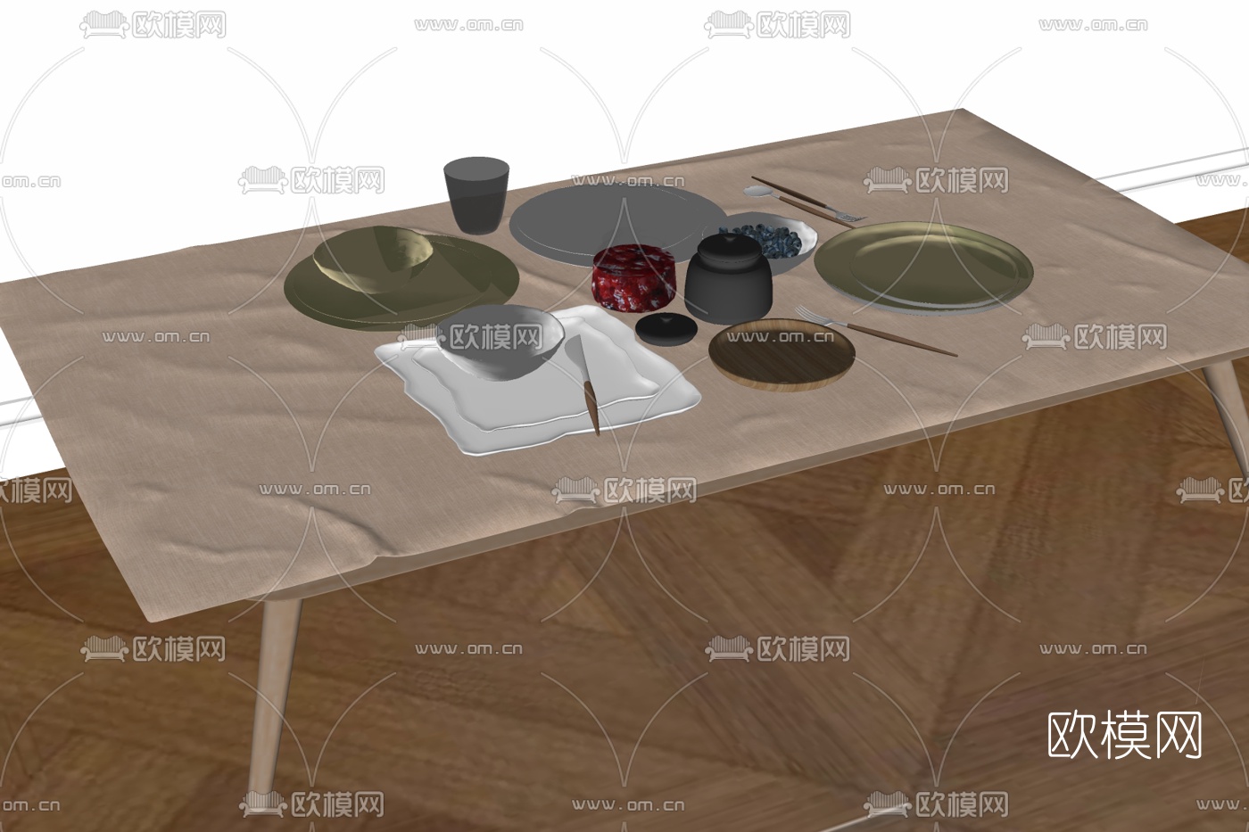 北欧原木餐桌椅su模型下载