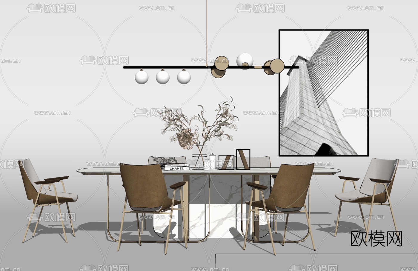 现代轻奢餐桌椅su模型下载（渲染图2）