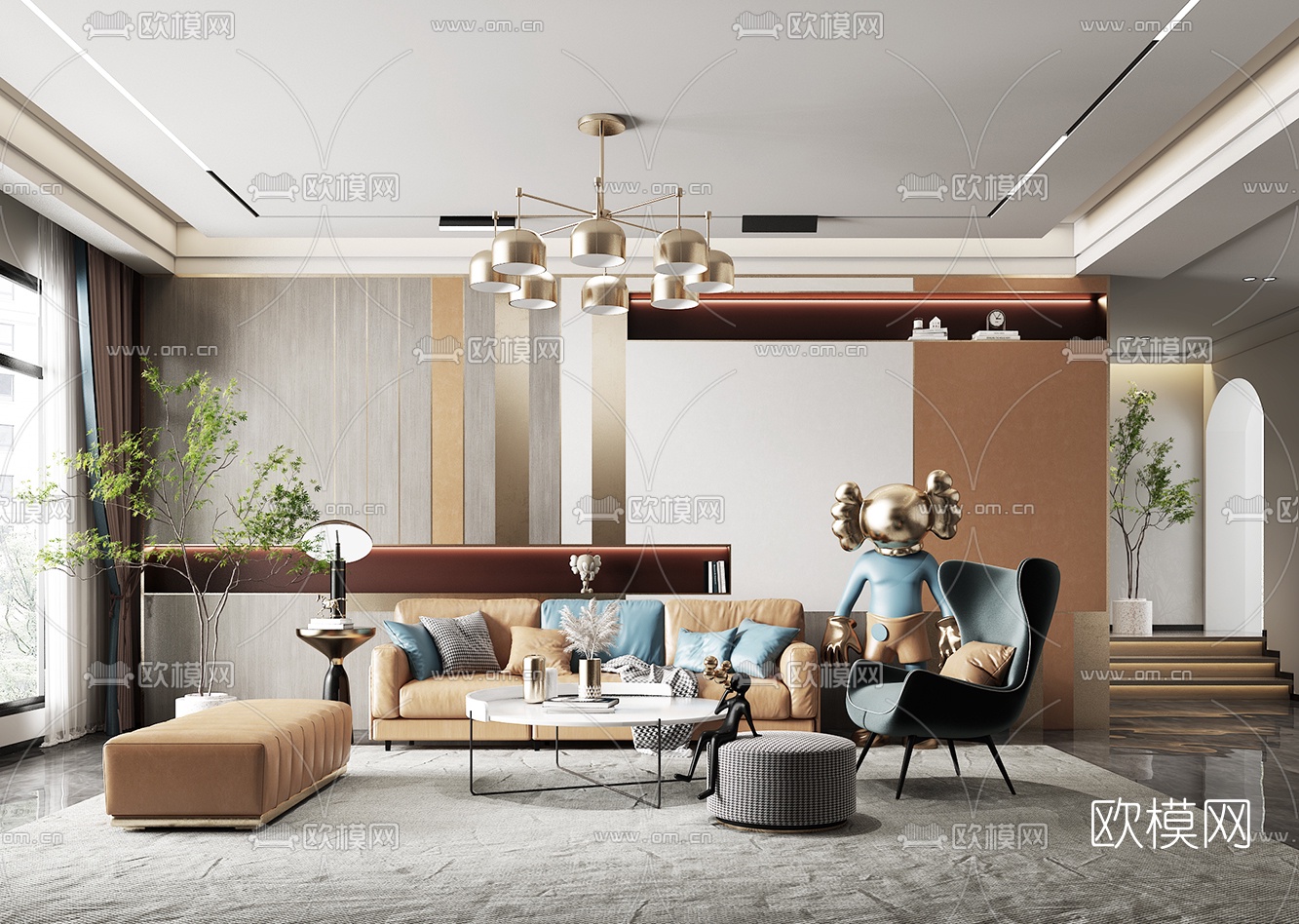 现代皮革多人沙发组合3d模型下载