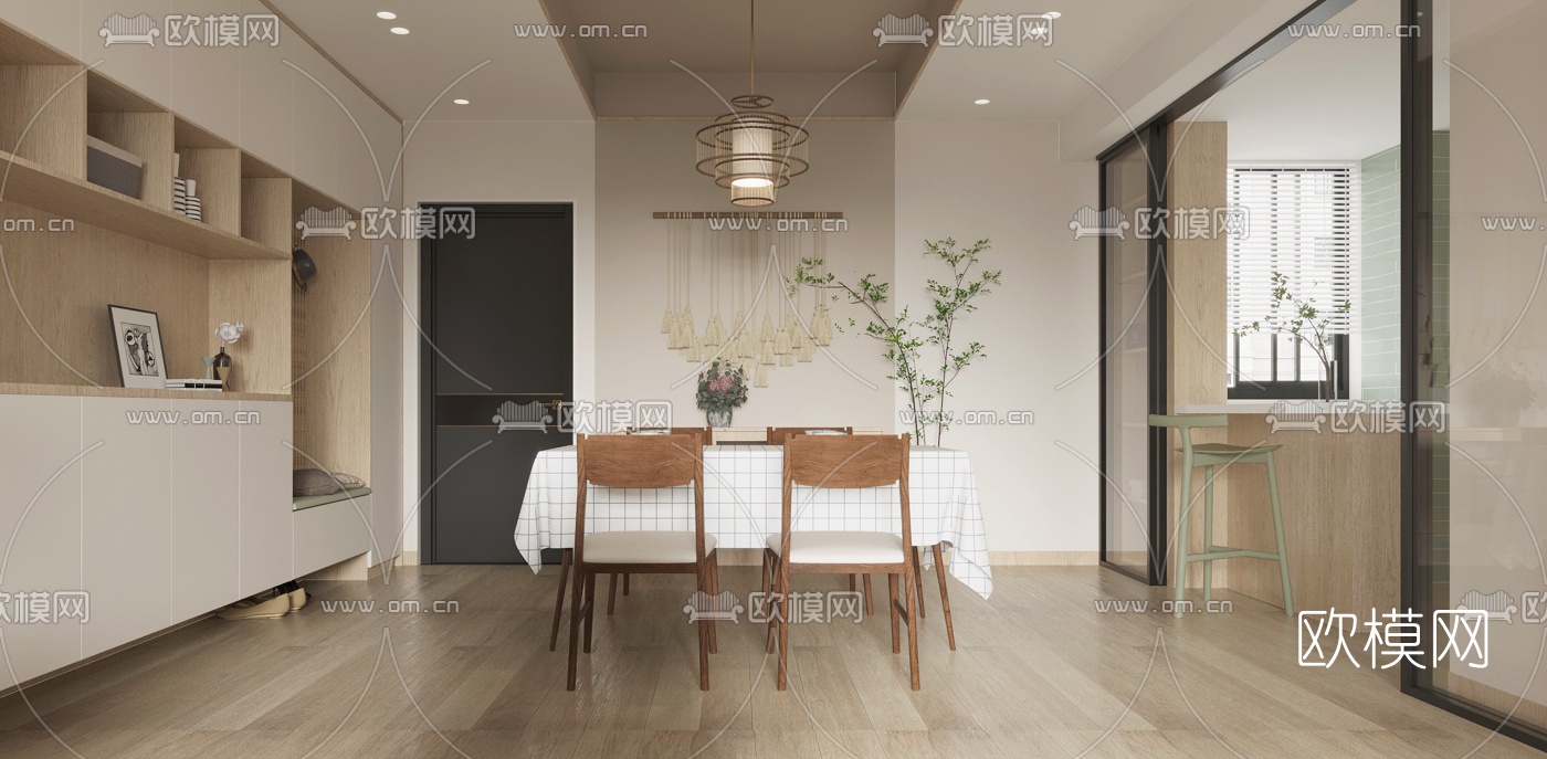 日式客厅餐厅3d模型下载（渲染图2）