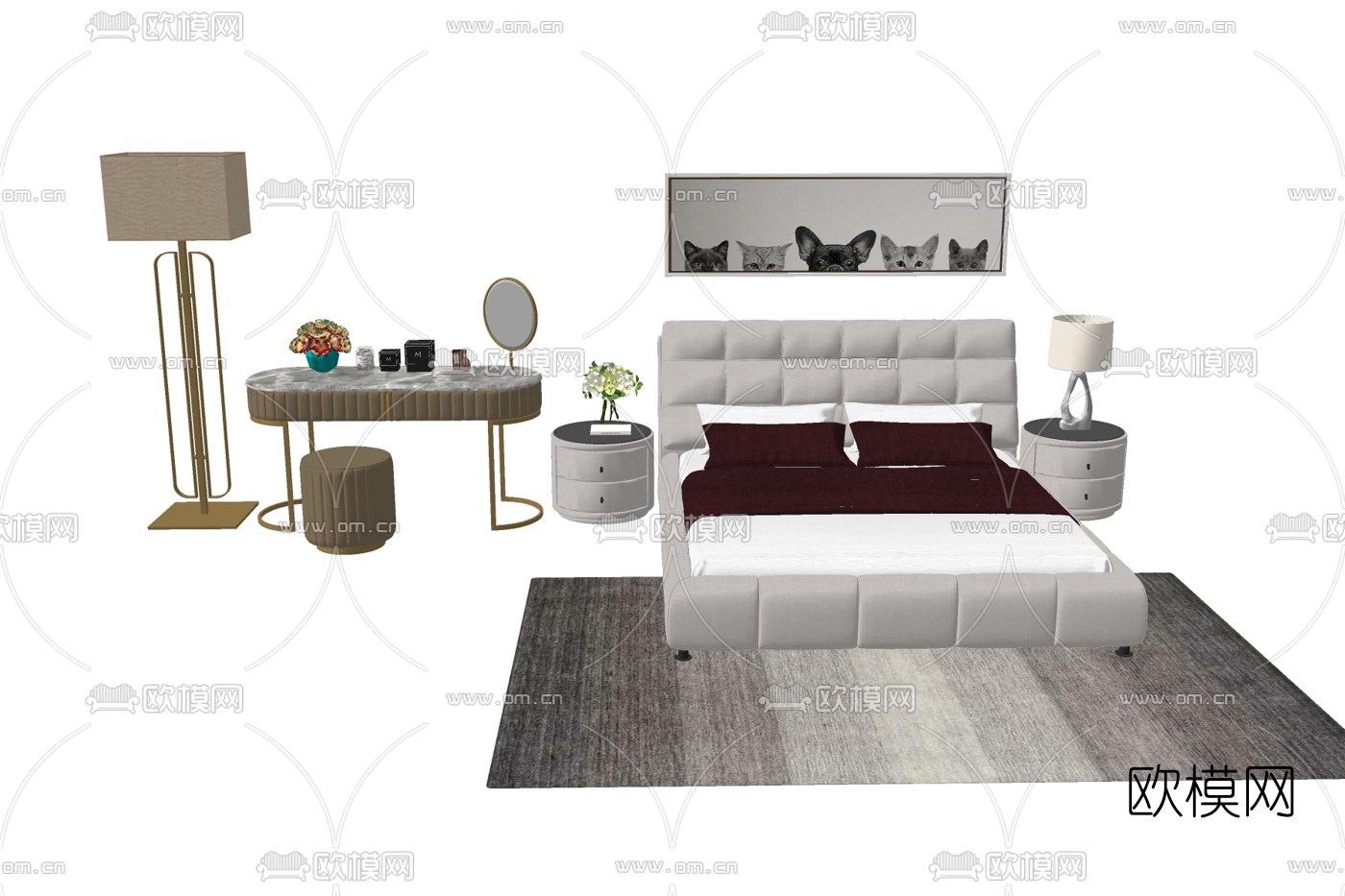 现代布艺双人床su模型下载
