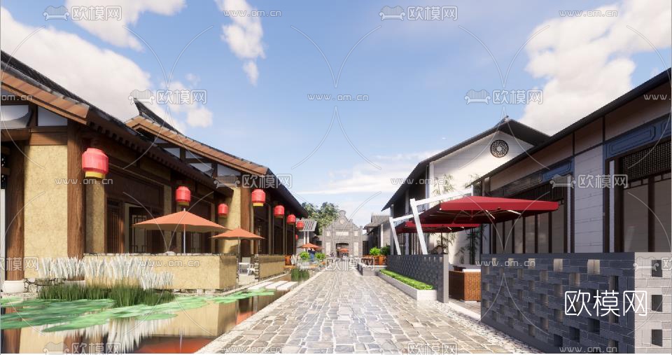 中式风情商业街su模型下载（渲染图4）