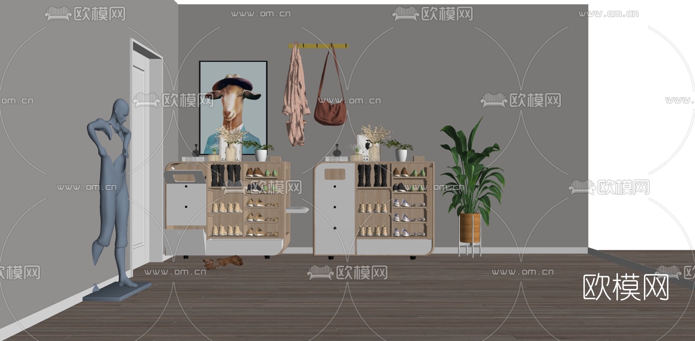 北欧原木鞋柜su模型下载