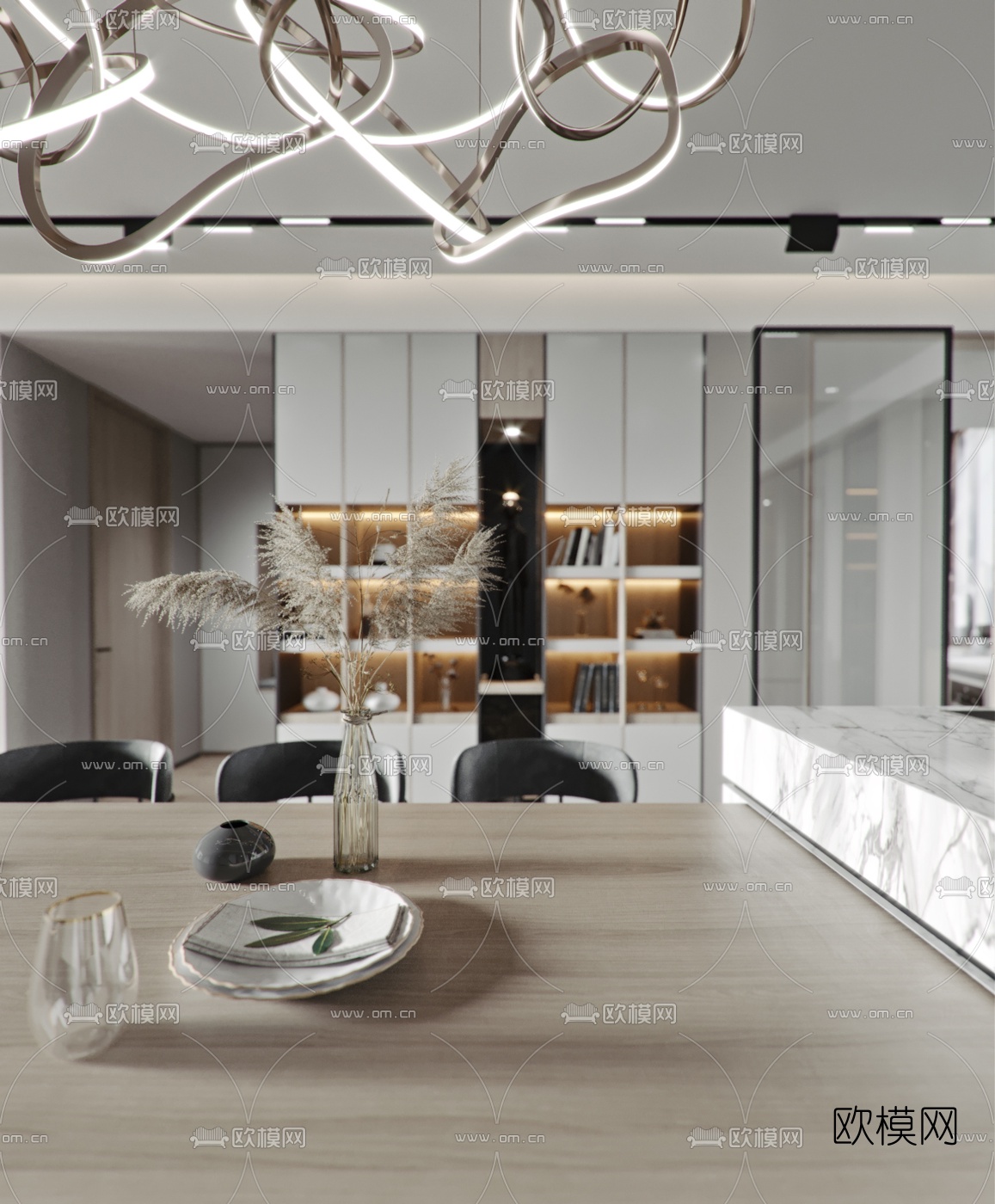 现代高级灰客厅餐厅3d模型