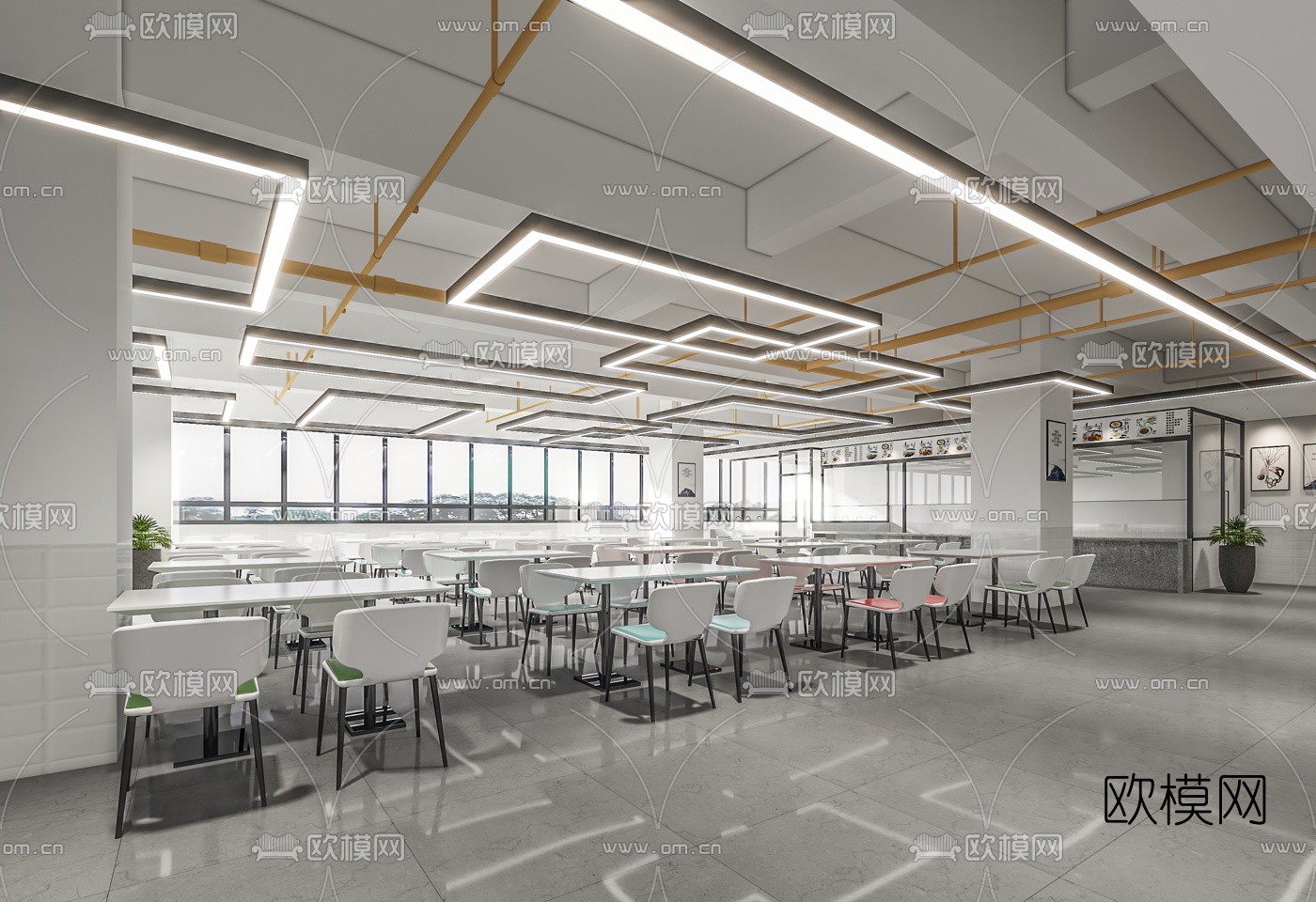 现代员工餐厅3d模型下载