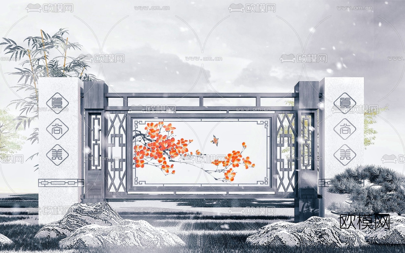 新中式文化宣传栏信息栏3d模型下载