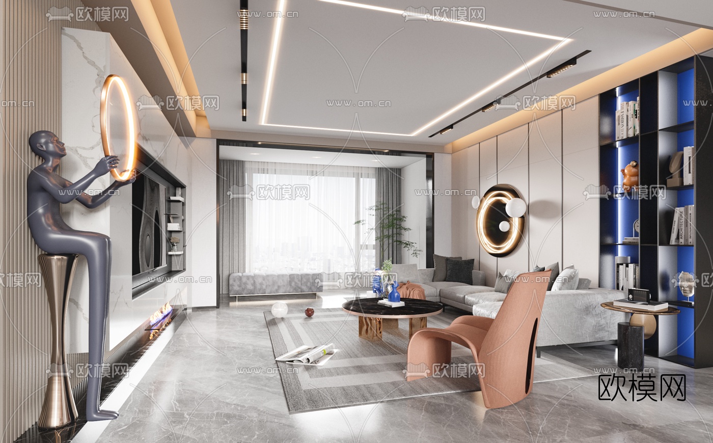 现代轻奢客厅餐厅3d模型下载（渲染图2）